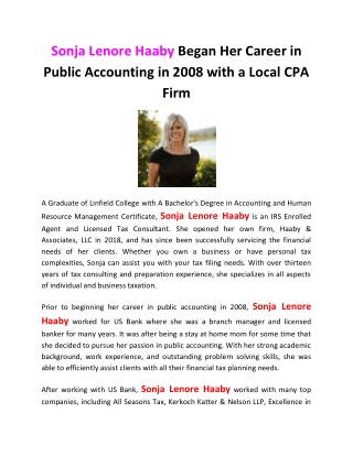 Sonja Lenore Haaby Began Her Career in Public Accounting in 2008 with a Local CPA Firm