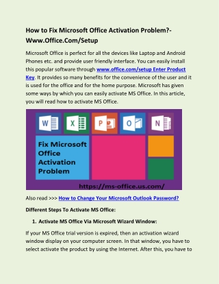 How to Fix Microsoft Office Activation Problem?- Www.Office.Com/Setup