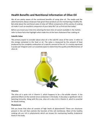 Health Benefits and Nutritional Information of Olive Oil