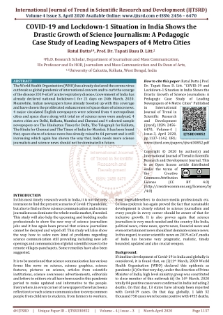 COVID 19 and Lockdown 1 Situation in India Shows the Drastic Growth of Science Journalism A Pedagogic Case Study of Lead