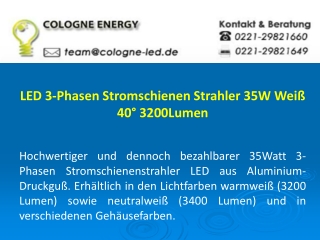 LED 3-Phasen Stromschienen Strahler 35W Weiß 40° 3200Lumen