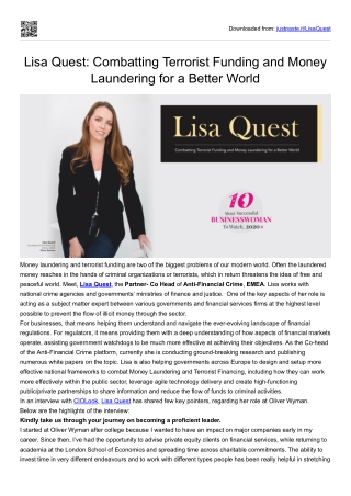 Lisa Quest: Combatting Terrorist Funding and Money Laundering