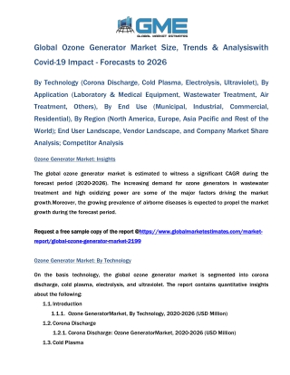 Global Ozone Generator Market Size, Trends & Analysis with Covid-19 Impact - Forecasts to 2026