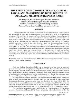 The Effect of Economic Literacy, Capital, Labor, and Marketing on Development of Small and Medium Enterprises (SMEs)