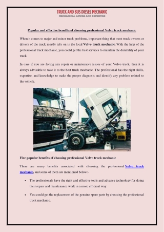 Popular and effective benefits of choosing professional Volvo truck mechanic