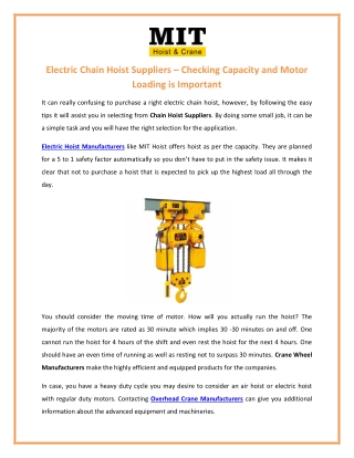 Electric Chain Hoist Suppliers: Checking Capacity and Motor Loading is Important