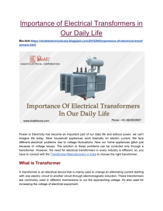 Importance of Electrical Transformers in Our Daily Life