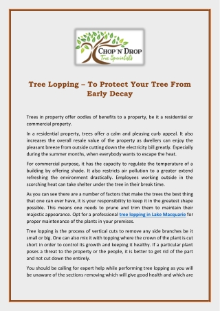 Tree Lopping – To Protect Your Tree From Early Decay