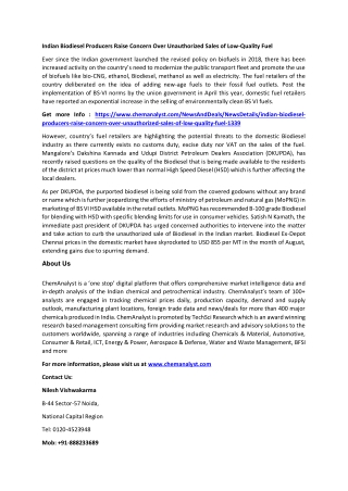 Indian Biodiesel Producers Raise Concern Over Unauthorized Sales of Low-Quality Fuel