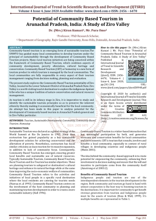 Potential of Community Based Tourism in Arunachal Pradesh, India A Study of Ziro Valley