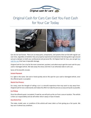 Original Cash for Cars Can Get You Fast Cash for Your Car Today