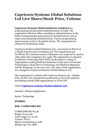 Capricorn Systems Global Solutions Ltd Live Share/Stock Price, Volume