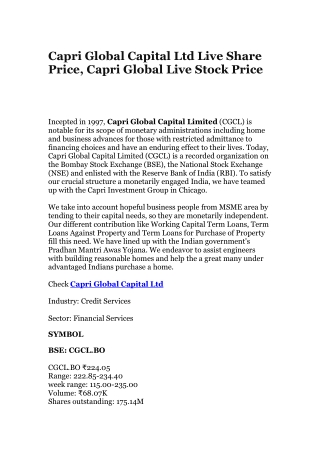 Capri Global Capital Ltd Live Share Price, Capri Global Live Stock Price