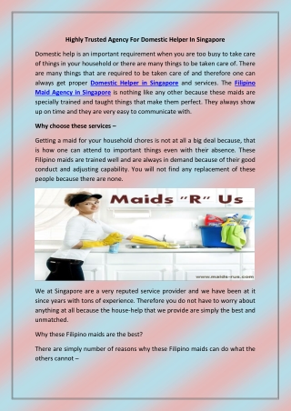 Highly Trusted Agency For Domestic Helper In Singapore