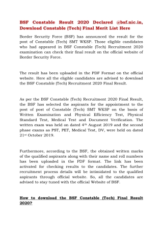BSF Constable Result 2020 Declared @bsf.nic.in, Download Constable (Tech) Final Merit List Here