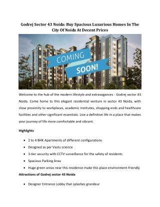 Godrej Sector 43 Noida: Buy Spacious Luxurious Homes In The City Of Noida At Decent Prices!!