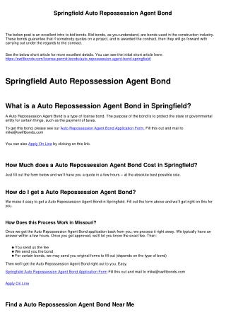 Springfield Auto Repossession Agent Bond