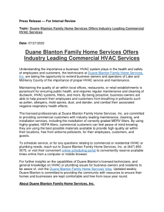 Duane Blanton Family Home Services Offers Industry Leading Commercial HVAC Services