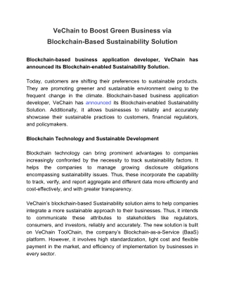 VeChain to Boost Green Business via Blockchain-Based Sustainability Solution