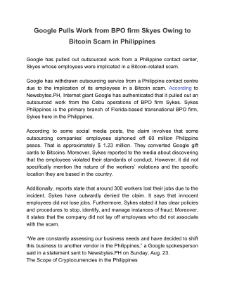 Google Pulls Work From BPO Firm Skyes Owing to Bitcoin Scam in Philippines