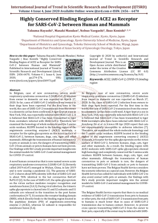 Highly Conserved Binding Region of ACE2 as Receptor for SARS CoV 2 between Human and Mammals