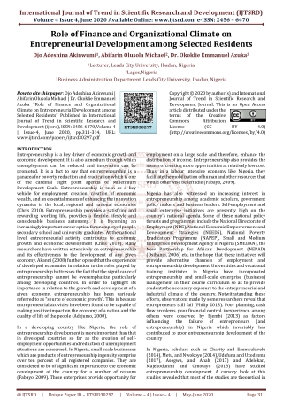 Role of Finance and Organizational Climate on Entrepreneurial Development among Selected Residents