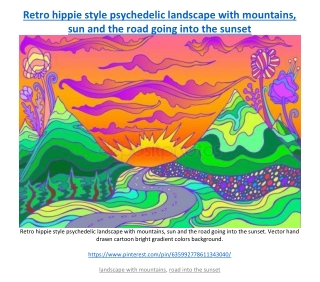 Retro hippie style psychedelic landscape with mountains, sun and the road going into the sunset