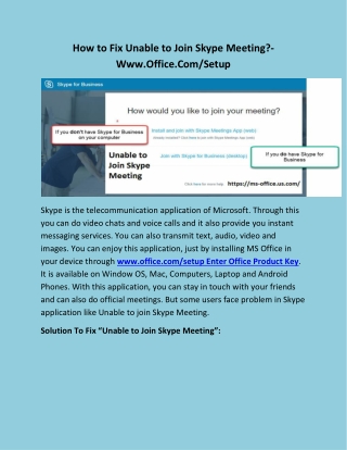 How to Fix Unable to Join Skype Meeting?- Www.Office.Com/Setup