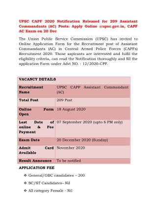 UPSC CAPF 2020 Notification Released for 209 Assistant Commandants (AC) Posts: Apply Online @upsc.gov.in, CAPF AC Exam