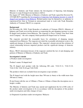 Ministry of Industry and Trade initiates the Investigation of Imposing Anti-dumping Measure to some H shaped steel produ