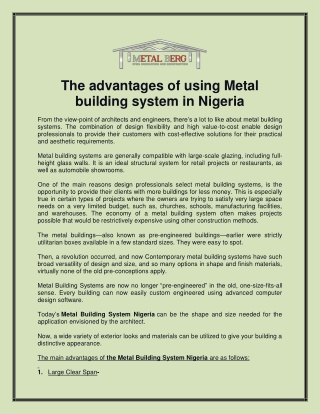 The advantages of using Metal building system in Nigeria