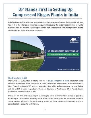 UP Stands First in Setting Up Compressed Biogas Plants in India