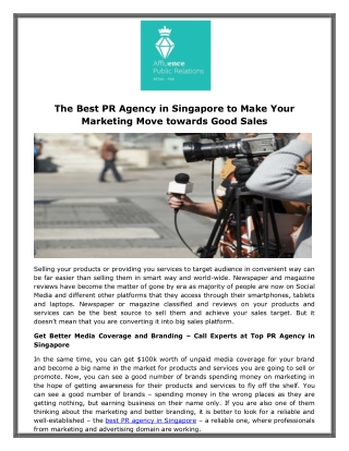 The Best PR Agency in Singapore to Make Your Marketing Move towards Good Sales