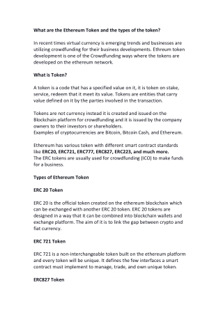 What are the Ethereum Token and the types of the token?