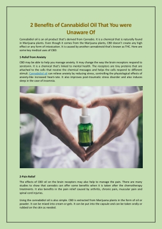 2 Benefits of Cannabidiol Oil That You were Unaware Of