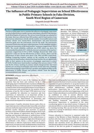 The Influence of Pedagogic Supervision on School Effectiveness in Public Primary Schools in Fako Division, South West Re