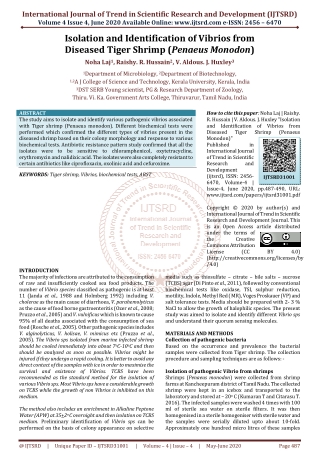 Isolation and Identification of Vibrios from Diseased Tiger Shrimp Penaeus Monodon