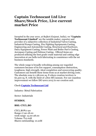 Captain Technocast Ltd Live Share/Stock Price, Live current market Price