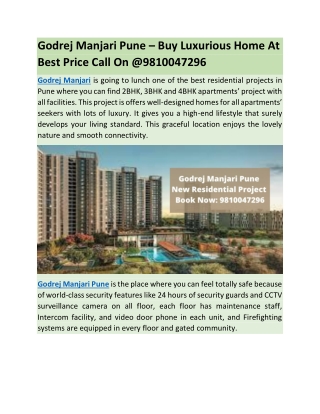 Godrej Manjari Pune – Buy Luxurious Home At Best Price Call On @9810047296