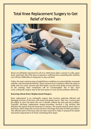 Total Knee Replacement Surgery to Get Relief of Knee Pain