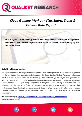 Global Cloud Gaming Market  -Industry trend, Business Analysis, Top competitors, Application and Growth Rate Report