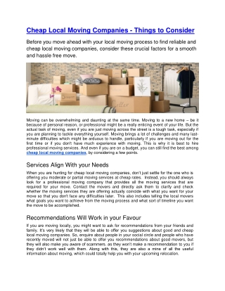 Cheap Local Moving Companies - Things to Consider