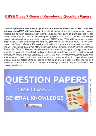 CBSE Question Papers Class 7 General Knowledge PDF Solutions Download