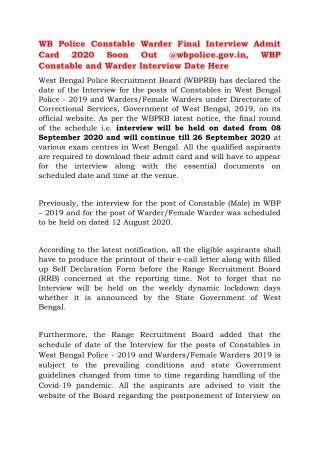 WB Police Constable Warder Final Interview Admit Card 2020 Soon Out @wbpolice.gov.in, WBP Constable and Warder Interview