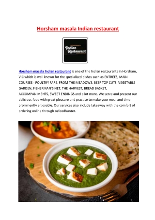 5% Off - Horsham Masala Indian Restaurant Menu, Horsham VIC .