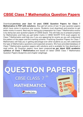 CBSE Question Papers Class 7 Mathematics PDF Solutions Download