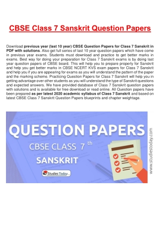 CBSE Question Papers Class 7 Sanskrit PDF Solutions Download