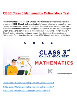 Free Online test for class 3 Mathematics all Chapter