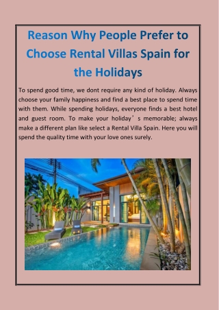 Reason Why People Prefer to Choose Rental Villas Spain for the Holidays