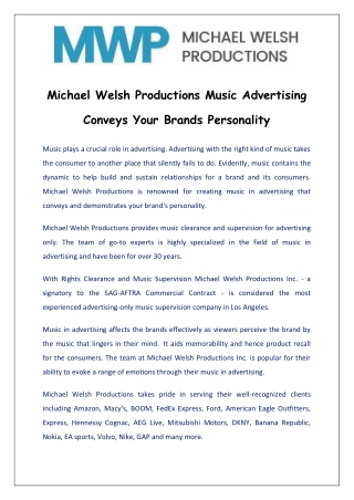 Michael Welsh Productions Music Advertising Conveys Your Brands Personality - Michaelwelshprods.com